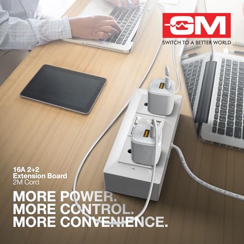 Image of GM Cuba 16A 2+2 Extension Board with 2Mtr Extension Cord, Heavy-Duty Power Strip with Dual 20A Switches, 16A 3-Pin Plug,for High-Power Appliances, Home, Kitchen & Office Use, White