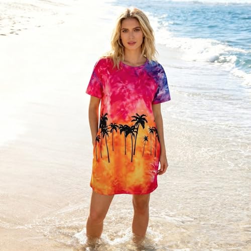 Image of MOUSYA Women Tie Dye Dress Short Sleeve T Shirt Dress Summer Casual Loose Mini Dress with Pockets
