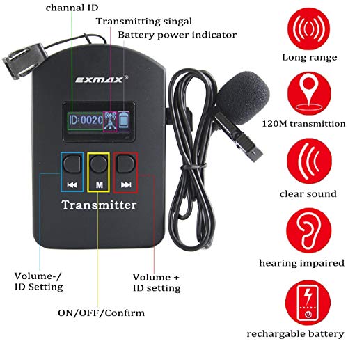 Sistema inalámbrico de transmisión de voz EXMAX EXD-6688 2,4 GHz para guías turísticos: 2 transmisores y 10 receptores miniatura 6