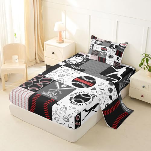 Image of Castle Fairy Baseball Bed Sheet Set for Kids,Sports Geometric Grid Red Grey Sheets Set,Patchwork Baseball Home Decor Sheet Sets with Deep Pocket,Top Flat Sheet,Twin Size