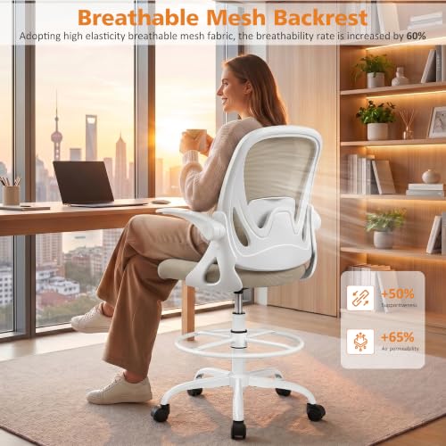 Image of Drafting Chair Tall Office Chair with Flip-up Armrests, Adjustable Height, and Enhanced Lumbar Support - Ergonomic Rolling Stool, Back Support, and Adjustable Foot Rest Ring for Standing Desk Khaki