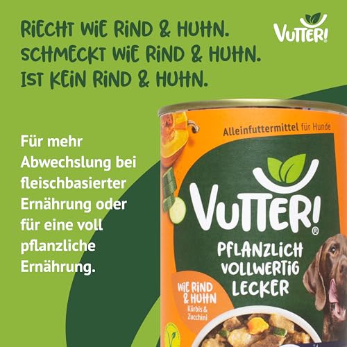 VUTTER Nassfutter Wie Rind & Huhn, 12x400 g: Hundefutter Vegan - Alleinfutter für Hunde - Fleischähnlich für hohe Akzeptanz - Sojaprotein für Muskeln, Zink für Haut & Fell, Kalzium für Zähne & Knochen
