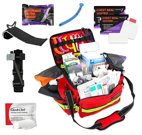 Lightning X Mid-Sized First Responder EMT Bag | LXMB25 | Fully Stocked w/ 248+ First Aid Supplies + Trauma Pak w/C.A.T. Tourniquet & QuikClot - RED