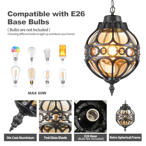 Globe Outdoor Pendant Lights for Porch Patio Garage, Matte Black Aluminum Anti-Rust Hanging Light Fixture, Industrial Round Amber Glass Exterior Chandelier, Outside Pendant Lamp, 2 Pack