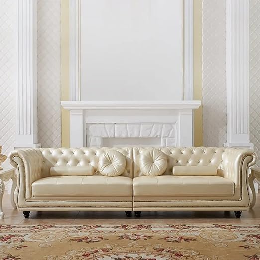 Image of Modern Classic 6 Seater Sofa Set Couch Fabric & Leatherette Tufted 2+2+1+1Footrest Chesterfield Sofa Living Room and Office (Beige2) | Premium Material