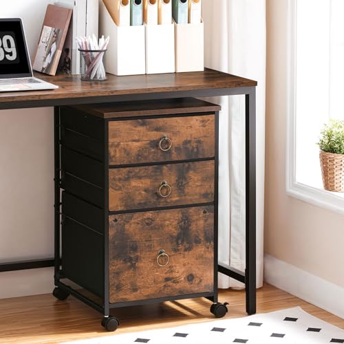 Image of HOOBRO 3-Drawer Mobile File Cabinet, Vertical Filing Cabinet, Under Desk Cart with Drawers for Home Office, Rolling Printer Stand, A4 /Letter-Sized, Fabric Drawer, Rustic Brown BF30WJ01