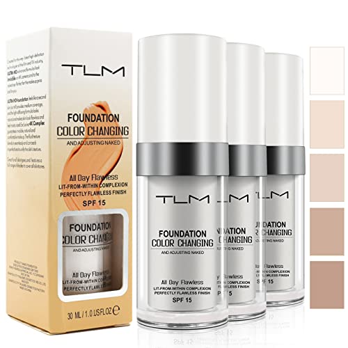3PCS TLM Colour Changing Foundation, Flawless Color Changing Warm Skin Tone Foundation for Mature Skin, Waterproof Naturally Blends Moisturizing Foundation Makeup Base Nude Concealer Full Coverage SPF