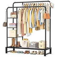 Double Rods Clothes Rack Clothing Rack with 4 Tier Storage Shelves Clothes Rack for Hanging Clothes Multifunctional Heavy Duty Clothes Organizer with Hooks for Bedroom,Wardrobe Closet,Shop,Black