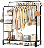 Double Rods Clothes Rack Clothing Rack with 4 Tier Storage Shelves Clothes Rack for Hanging Clothes Multifunctional Heavy Duty Clothes Organizer with Hooks for Bedroom,Wardrobe Closet,Shop,Black
