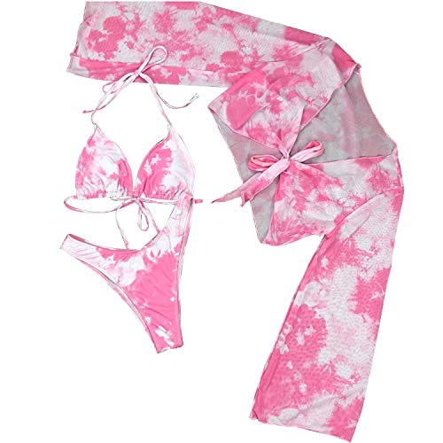 Bikini Swimsuit for Women, Tie Dye 3 Pieces Set, Knot Front Crop Off-Shoulder High Cut Cover Up with Halter Bikini Sets Bathing Suit (Pink, M)