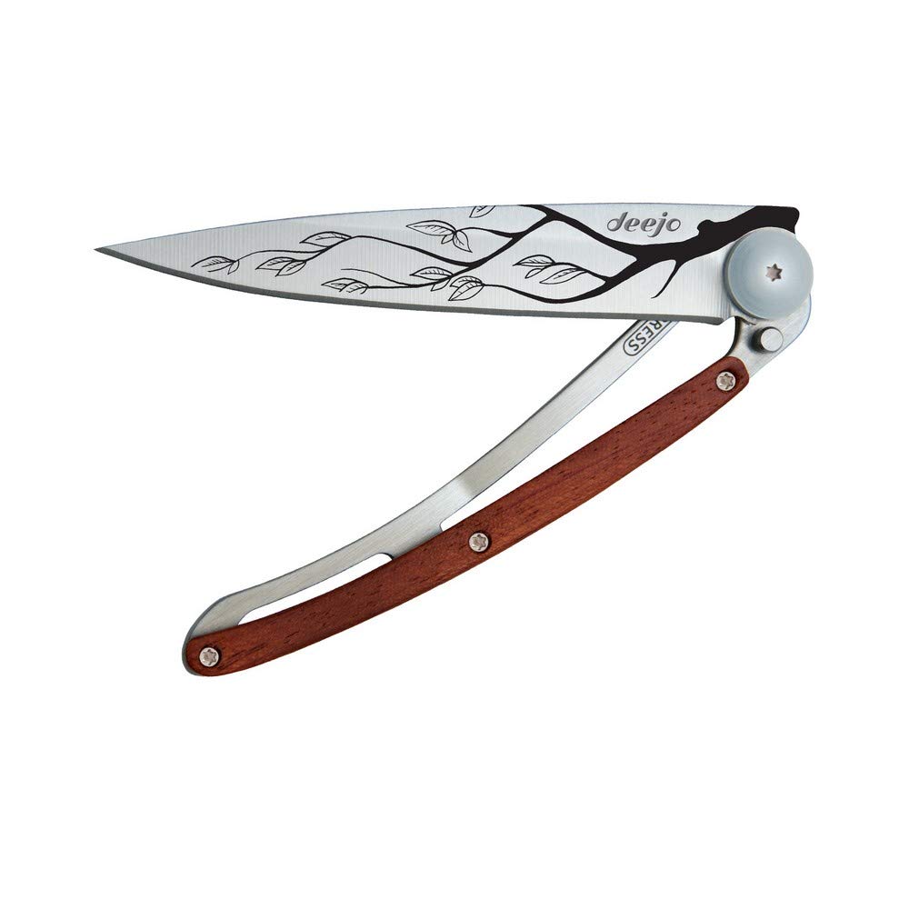 Deejo - Couteau de Poche Pliant 37g avec Clip Ceinture - Manche en Bois Corail, Lame en Acier Inoxydable - Motif Arbre - Couteau de Table, Randonnée, Camping, Bivouac