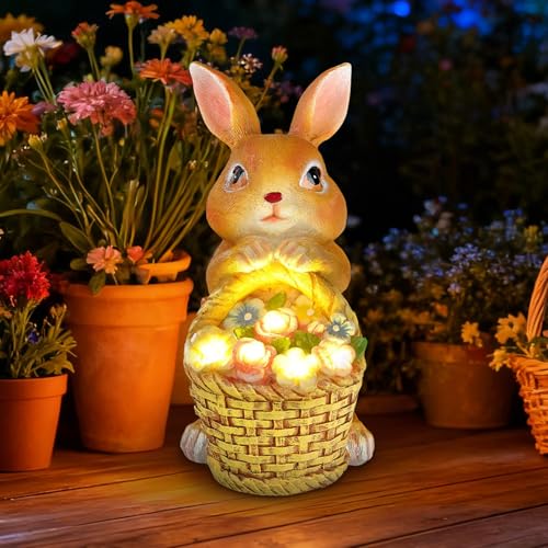 Cuteefun Conejo de Decoración Solar para Jardín Exterior, Figuras de Animales con Luz Solar, Estatua de Conejo Llevando Una Cesta para Jardín, Regalos de Cumpleaños para Mujeres