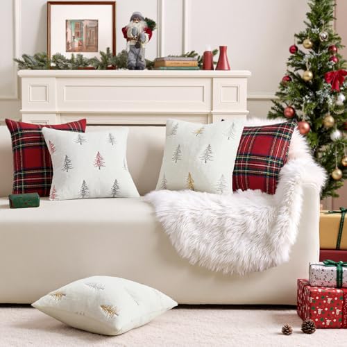 Image of MIULEE Christmas Decorative Pillow Covers Set of 2 Faux Fur Throw Pillows with Embroidered Christmas Tree 18x18 Inch White Gold Winter Couch Covers for Festival Sofa Bedroom Living Room Home Decor