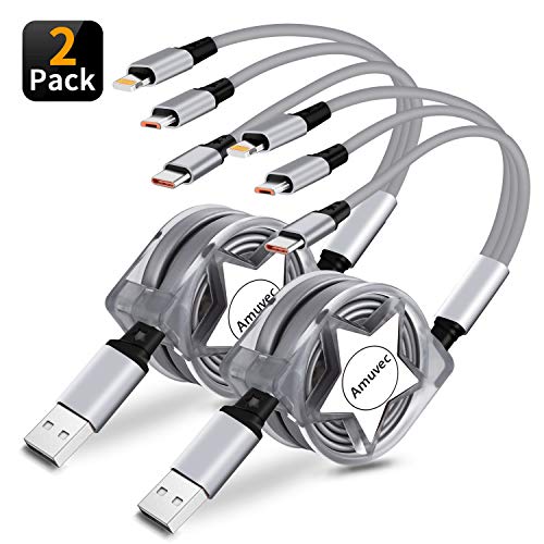 3 in 1 Retractable Charging Cable, Amuvec [2-Pack 2.7Ft] Multi Fast Charger Cord with Phone/Type C/Micro USB Charge Port. Compatible with Samsung Galaxy/Google Pixel/Huawei/LG V20/G5/Kindle/PS4(Grey)