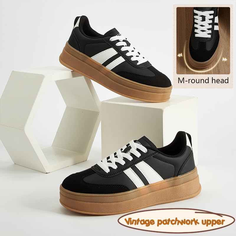 LEYING Women's Chunky Platform Sneakers - Retro Vintage Leather Casual Tennis Shoes- Thick Rubber Gum Sole Low Top Lace-Up Classic Walking Shoes - Image 5