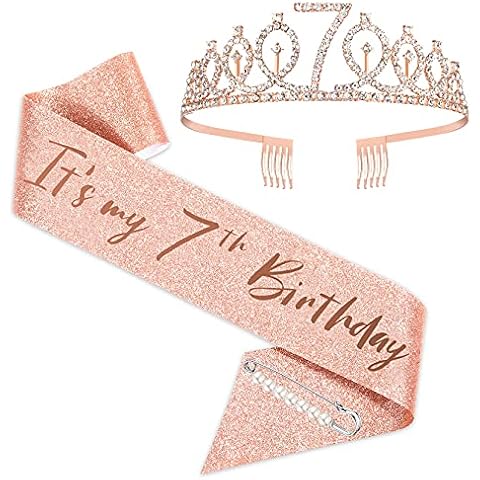 SZHUIHER 7th Birthday Sash and Tiara for Girls, Rose Gold Birthday Sash Crown Its my 7th Birthday Sash and Tiara, 7th Birthday Gifts for Happy 7th Birthday Party Favor Supplies Cover