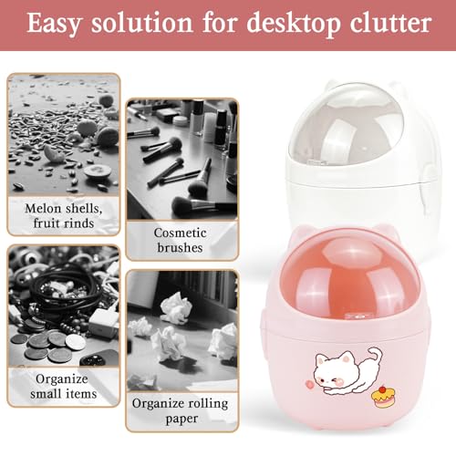 Image of 10Pcs Mini Desktop Trash Can with Lid Set, 2 Cute Small Garbage Cans with 6 Rolls Garbage Bags and 2Pcs Stickers, Countertop Dustbin Storage Bin for Desk Bedroom (White & Pink)