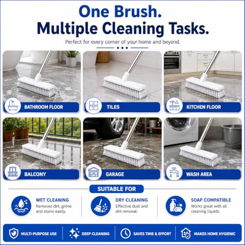 Image of Bathroom Floor Cleaning Brush with Long Handle & Wiper, 2 in 1 Floor Scrub Brush for Tiles, Bathroom, Kitchen & Wet Floor Cleaning, Hard Bristle Cleaning Broom with Stainless Steel Rod