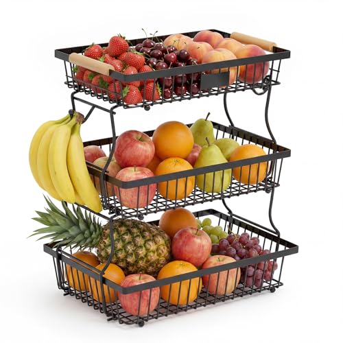 Eulihent Fruteros De Cocina Frutero 3 Pisos con 2 Soportes para Plátanos, Cesta para Almacenar Frutas, Cebollas, Patatas, Pan, Aperitivos y Verduras (Negro)
