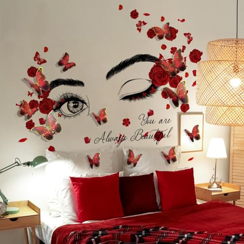 Décalque mural inspirant,Rose Beauté Fille Sticker Mural Visage Yeux avec12pcs 3D Papillon,Sticker mural féminin confiant, Décalcomanies d'art amovibles...