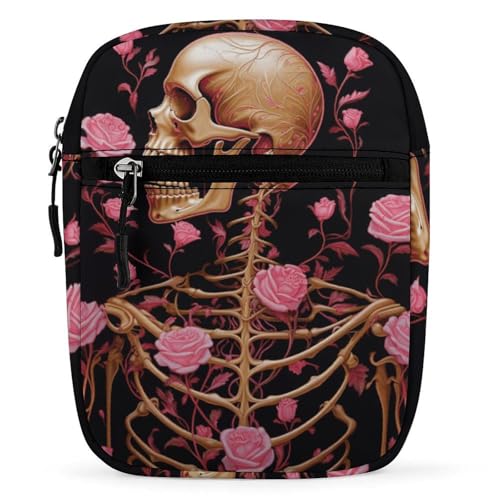 Satchel Tote Bag Messenger Bag Skeleton with Roses Printed Mini Sling Bag Purse Suitable for Work Travel