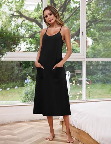 Marvmys Long Cotton Racerback Nightgowns for Women Sleeveless Sleepwear Scoop Neck Chemise Sleep Dress with Pockets3