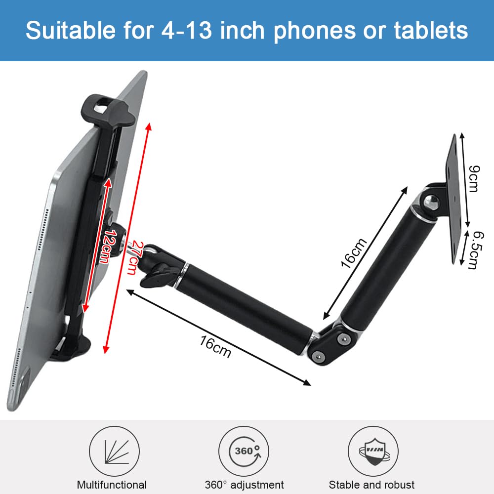 Soporte de Pared para Tablet, Soporte para Teléfono Móvil Tablet iPad de 4 a 13 Pulgadas Soporte de Pared para iPad Giratorio 360º con Largo Brazo Extensible de Aleación de Aluminio