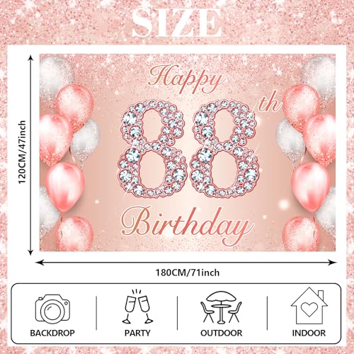 Image of Happy 88th Birthday Rose Gold Banner Cheers to 88 Years Old Backdrop Confetti Balloons Theme Decor for Women 88 Years Old Pink Birthday Party Decorations Bday Supplies Background Favors Gift Glitter