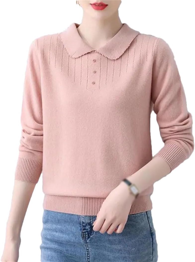 Women's Winter Solid Knitted Sweaters Fashion Long Sleeve Lapel All-Match Loose Bottoming Pullover Tops