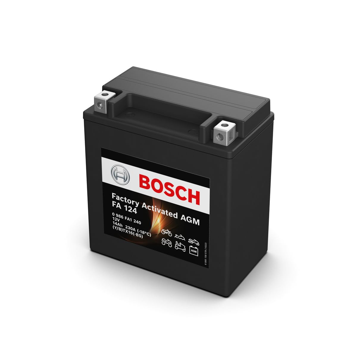 Bosch FA124 - Batería para Motocicletas AGM - 12V 230A 14Ah - Adecuada para motocicletas, motos de enduro, scooters, quads, motos de agua - Compatible M6021, M6022, BTX16-BS, BTX16