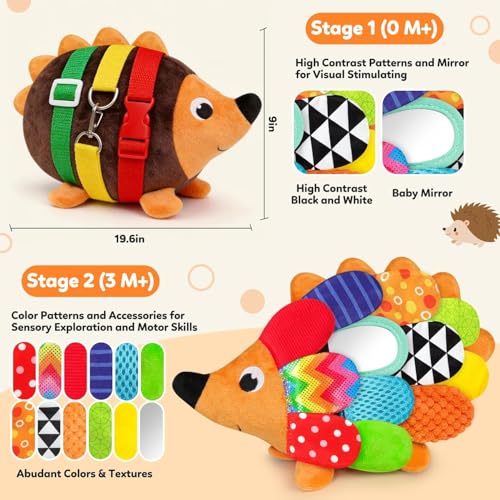 Baby Sensory Hedgehog Tummy Time Toys 0-6 Months, Multi-Textured Squeaking & Crinkling Infant Stuffed Toys for Babies with Baby Mirror, Plush Montessori Gifts for Newborn Boys Girls 3-6 6-12 Months - Image 5