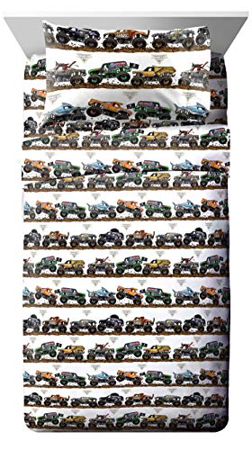 Image of Jay franco Monster Jam Tracks 4 Piece Twin Bed Set - Includes Comforter & Sheet Set - Bedding Features Grave Digger & Megalodon - Super Soft Fade Resistant Microfiber (Official Monster Jam Product) | Grave Digger Megalodon, Comforter Sheets Pillowcase, Official Product, Soft Microfiber, Machine Washable, Boys Gift