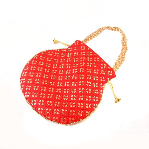 Image of Handcrafted Potli Purse with Golden Floral Embroidery and Pearl Accents