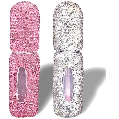 FEENM Perfume Spray Bottle 5ML 2PCS White&Pink Bling Rhinestone Empty Portable Travel Fine Mist Refillable Mini Spray Dispensers for Perfume, Essential Oil Cover
