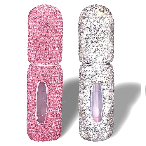 FEENM Perfume Spray Bottle 5ML 2PCS White&Pink Bling Rhinestone Empty Portable Travel Fine Mist Refillable Mini Spray Dispensers for Perfume, Essential Oil
