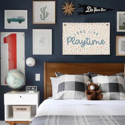 Image of Playroom Decor, Kids Wall Art Hanging Linen Banner, Blue Striped Wall Flag for Playing Room Nursery Playroom Decor, 20x30 Inch