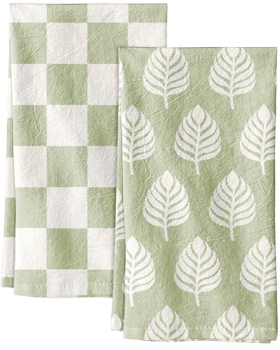 Image of Miss Adola 2 Pack Flour Sack Kitchen Towels - 16x26 Inch Cotton Dish Towels with Hanging Loop Reusable Geometric Boho Modern Retro Tea Towel Absorbent Dishcloths Home Decor, Green Leaf