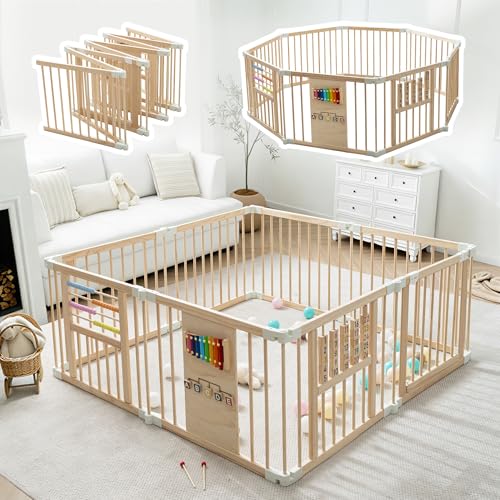 Image of GGF Wooden Playpen & Play Yards for Babies and Toddlers, Foldable Wood Baby Play Fence with Locking Gate, Kids Activity Area Center Indoor Outdoor,57 * 57inch, Colorful