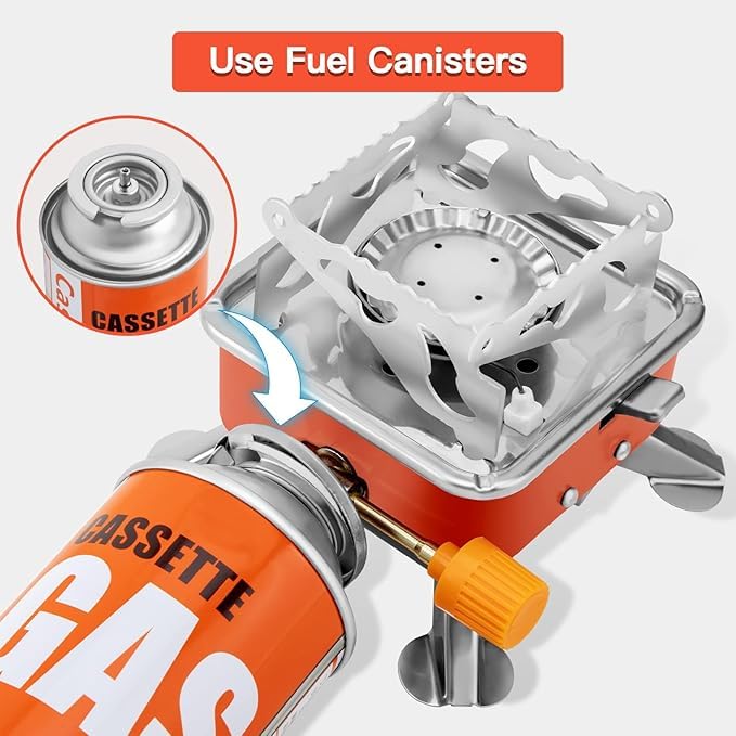 Image of EYUVAA LABEL Portable Camping Stove for Travel Lightweight Backpack Butane Gas Burner, Compact Cooking Stove, Small Foldable Gas Stove for Hiking, Travel, Outdoor Cooking, and Camping (Pack of 1)
