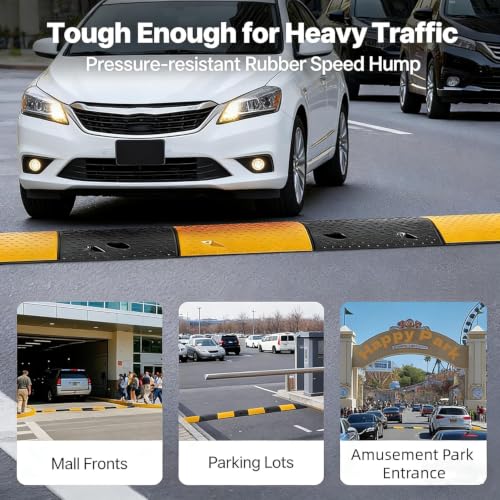 Image of 7 ft Rubber Speed Bump with 2 End Caps, 84 inch Speed Bumps for Driveway 1Pack | 25,000 Lbs Capacity Heavy Duty Speed Hump for Low Cars, RVs, Parking Lots, Residential Streets, Asphalt, Concrete, Gravel
