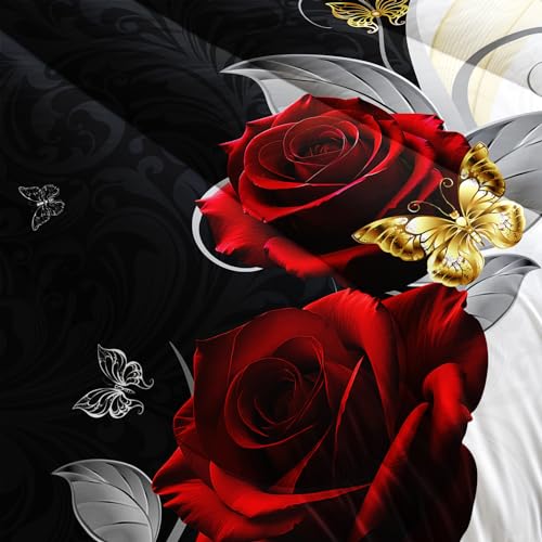 Image of AILONEN Black and White Comforter Set Queen Size,Romantic Red Rose Bedding Set for Room Decor,Couple Love Soft Microfiber Duvet Set 3 Piece,Lightweight Comforter with 2 Pillowcases