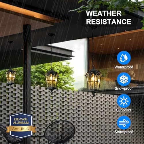 Black Outdoor Pendant Lights for Porch Hallway Patio, Aluminium Exterior Hanging Light Fixture, Outside Waterproof Vintage Hanging Lantern Light, Height Adjustable Outdoor Pendant Lamp