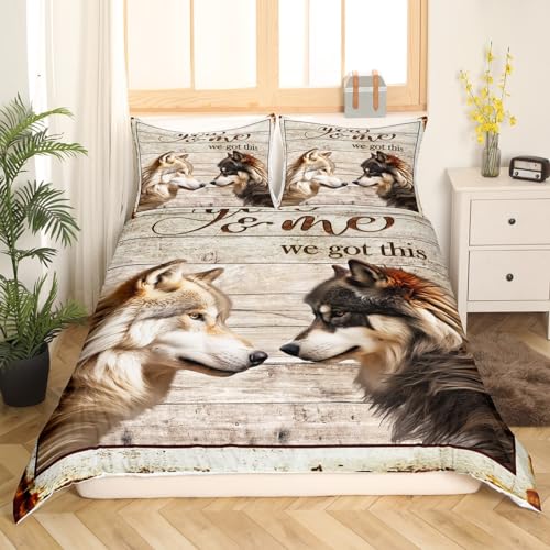 Wild Wolf Kids Duvet Cover Double Size,Wooden Plank Patchwork Rustic Farmhouse Bedding Set for Boys Girls Room Decor,Nature Wildlife Animals Brown Retro Comforter Cover 2 Pillowcases,No Comforter - Image 3
