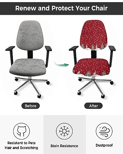 Double Love Red Christmas Snowflake 2 Pieces Computer Office Chair Covers Set, Stretchable Desk Rotating Chair Seat Cushion Slipcover Back Covers, Decorative Protectors Cover Winter Snowman Xmas Tree