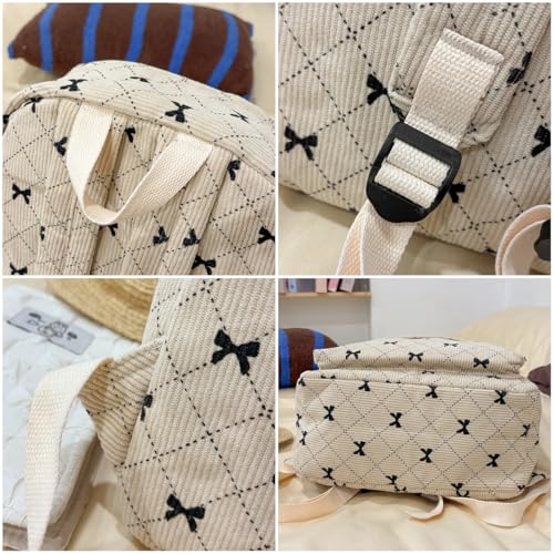 JHTPSLR Bow Corduroy Backpack Women Balletcore Plaid Cute Coquette Book Bags Mochilas Daypack Autumn Winter (Gray)2