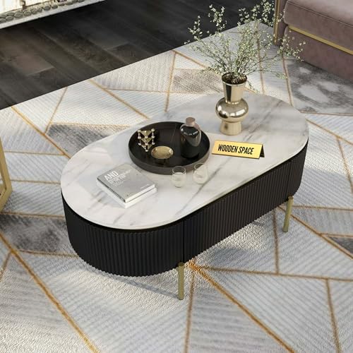 Image of WOODEN SPACE Premium Marble-Top Center Table with Iron Legs | PVD Coated Modern Coffee Table for Living Room & Entryway | 42x24x18 Inches (Black)
