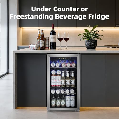 Image of Antarctic Star Mini Fridge -130 Can Beverage Refrigerator for Soda Beer or Wine, Stainless steel door frame, for Office or Bar with Adjustable Removable Shelves, Silver, 3.1 Cu.Ft