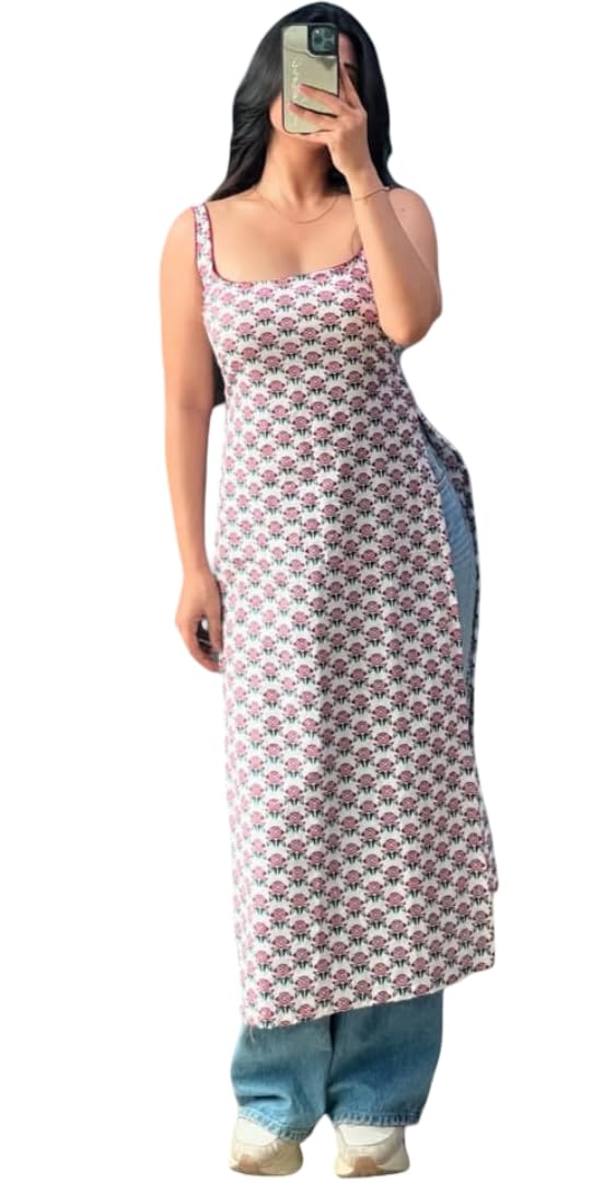 Women's Floral Print Sleeveless Maxi Dress, Cotton Blend, Side Split Design, Casual Summer Style, White and Pink Pattern-image-37