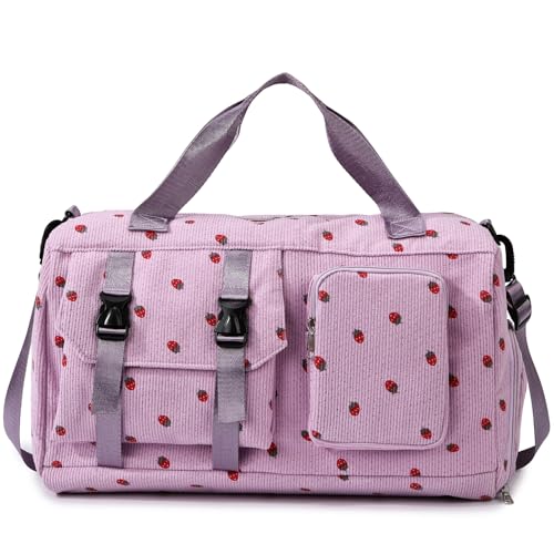 Waniki Sporttasche Kinder Mädchen Erdbeere Cord Reisetasche Damen Weekender Schwimmtasche mit Schuhfach und Nassfach Teenager Travel Bag Balletttasche für Reisen Fitness Sport Gymnastik Schule