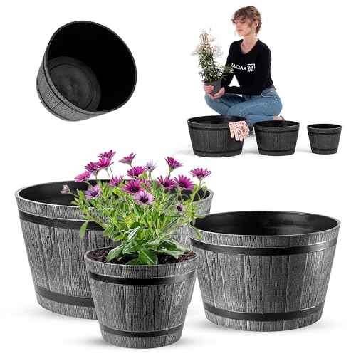 KADAX 3er Set Pflanztopf im Holzfass-Design, ø 23cm + 30cm + 40cm, aus...
